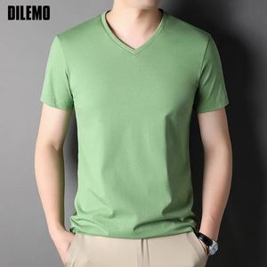 Top Grade 100 % Cotton Men T -shirt Brand Summer Tops V Hals Solid Color Plain Short Sleeve Casual Fashion Mens Mens Mens 240402