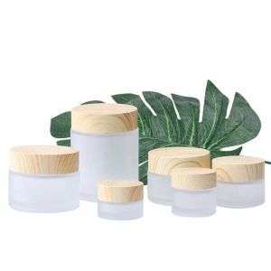 Hoogwaardige Frosted Glass Jar Cream Flessen Ronde Cosmetische Potten Hand Face Packing Bottle Jares Met Wood Grain Cover