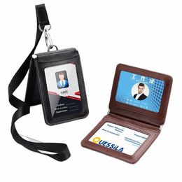 Porte-badge d'identité en cuir véritable de qualité supérieure Porte-cartes de bus avec lanière de cou Aimant de personnel formel Étiquettes de nom de carte d'identité fermées 76X6 #