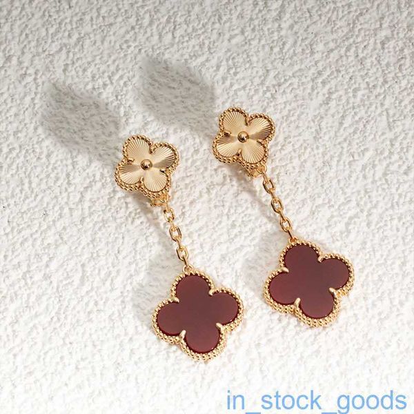 Boucles d'oreilles avec logo de marque originale 1to1 de qualité supérieure pour femmes Vanclef haute édition S925 en argent sterling Agate rouge Laser deux fleurs quatre feuilles boucles d'oreilles pendantes