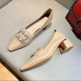 Top Grade dames strass jurk schoenen Loafers echte lederen dikke hak 5 cm vierkante teen luxe mode luie merk enkele schoenen plus maat 35-40