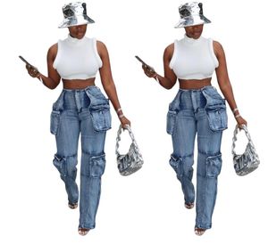 Pantalons de travail de travail en denim multi-poche de haut niveau de haut niveau de première année Designer à mi-hauteur de la montée en haut lavage des jambes droites lavées