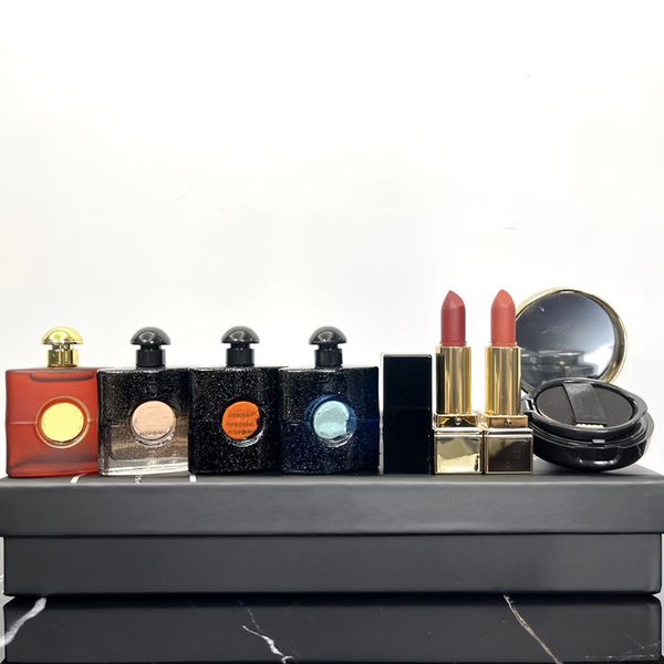 Top Haute brand set de maquillaje 7,5 ml perfume 1,3 g barras de labios 5 g le cojín base líquida 7 piezas con caja Kit de cosméticos de labios para mujer regalo de dama Entrega rápida