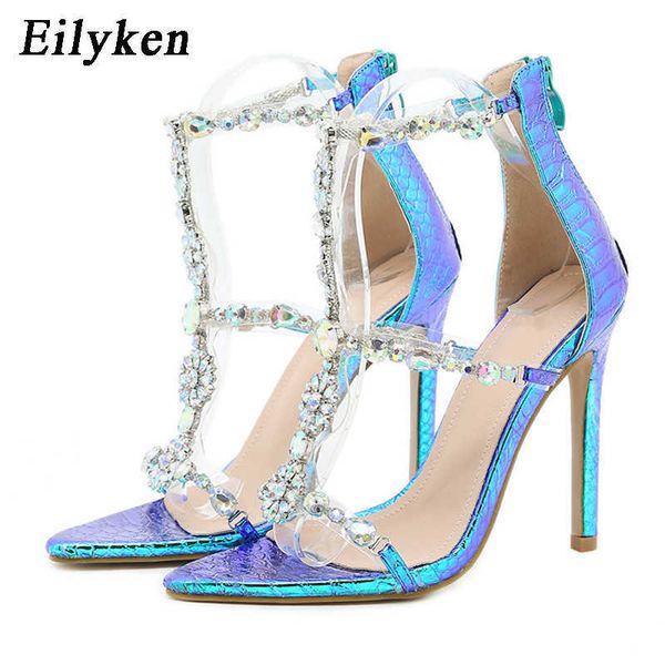 Top Tacones altos Sandalias sexy Mujeres Partido Rhinestone PVC Transparente T-Strap Stiletto Bombas Crystal Prom Shoes 230306