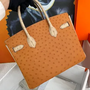 Sac fourre-tout de haute qualité pour femmes, sac à provisions, sacs à main de luxe de 30CM, sac à main blanc en peau d'autruche, couture à la main, sac marron, emballage de boîte cadeau, sac pour dame bicolore