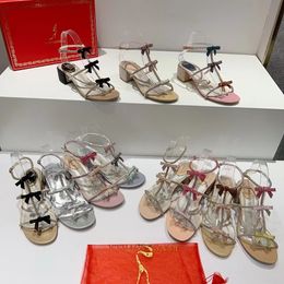 Rene caovilla Dames 4,5 cm hoge hak banketschoenen met fijne bandcombinatie Kristaldecoratie Boog Modeschoenen Open teen Luxe designerschoen