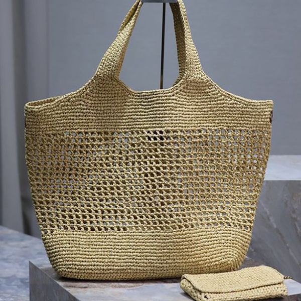 Icare en bolso de compras maxi de rafia Bolso de mano acolchado de piel de cordero de gran capacidad Bolso de paja de rafia de diseñador Bolso de playa de vacaciones para mujer Bolso tejido de verano tejido hueco de malla