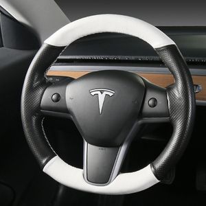 Microfibre intérieure supérieure Noir avec roue en cuir blanc Point à main sur une couverture enveloppante pour Tesla modèle 3 2017-2020