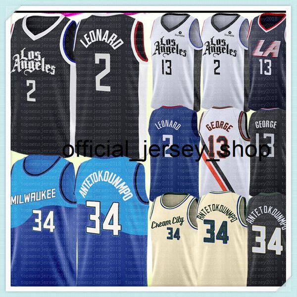 Top Kawhi 2 Basketball Leonard Jersey Giannis 34 Antetokounmpo Jerseys Hommes Paul 13 George Jersey Ventes bon marché Noir Blanc Bleu Vert S-XXL