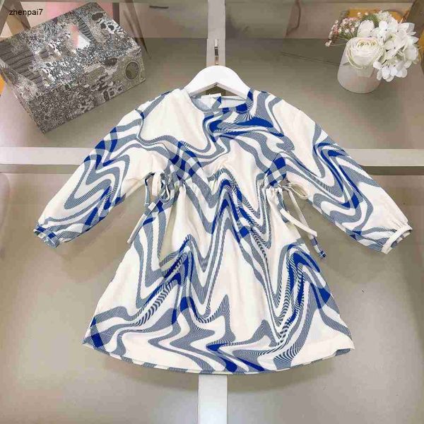 Top Kids Robe Lace Up Wist Design Girl Kirt Taille 100-150 Clothes à manches longues Blue Stripe Child Frock Jan20