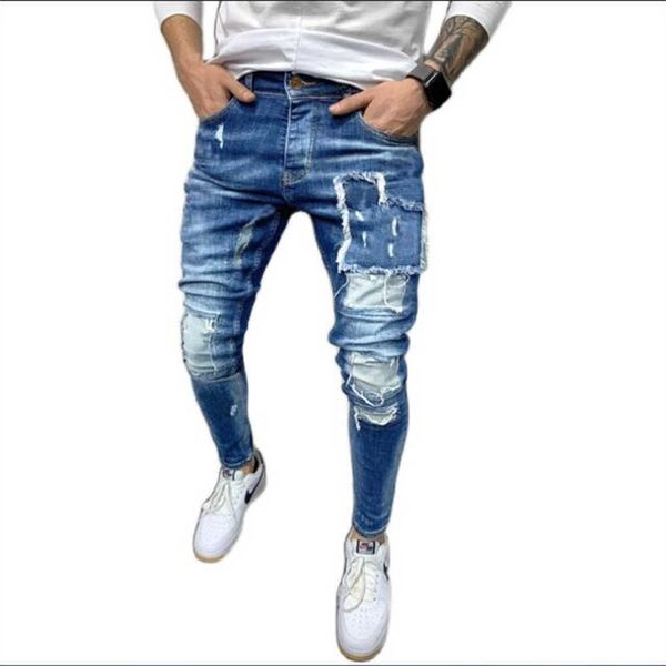 Top version coréenne hommes / jeunes taille moyenne trou cassé Patch lavage à l'eau petit pied crayon jean Hip Hop maigre mendiant Cowboy pantalon X0621