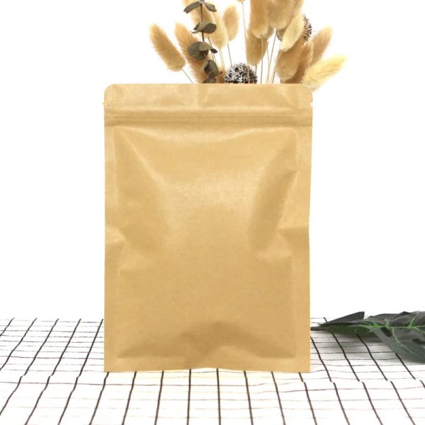 Bolsas de embalaje de fondo plano marrón kraft superior, bolsas de almacenamiento de alimentos ecológicas, bolsas con cierre de cremallera, bolsa de papel de aluminio antihumedad