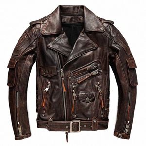Couche supérieure Veste en cuir de vachette rétro marron veau moto costume hommes mince industrie lourde en cuir moto veste d'équitation K2GL #