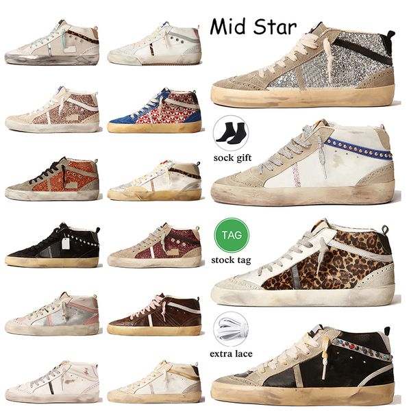 Top Cuir Daim Designer Mid Star Casual Chaussures Femmes Hommes Glitter Vintage Plate-forme Baskets Argent Or Goujons Rose Zebra Italie Marque À La Main OG Flat Ball Baskets