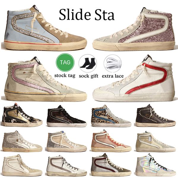 Top Cuir Femmes Hommes Diapositives Baskets Designer Chaussures Casual Cuir De Veau Tige Argent Or Glitter Flash Mid Vintage Fabriqué À La Main Italie Marque High Ball Star Baskets