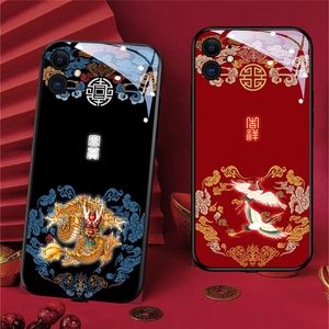 Top LED Style Chinois Luxe Téléphone Cas Pour iPhone 13 12 11 Pro Max Mini X XR XS XSmax 8 Plus Verre Trempé Peint Cas TPU Designer Cas Couverture De Mode Coque Fundas