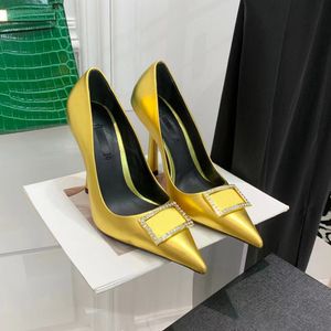 Adornos de metal de nivel superior decoración zapatos de tacón alto Bombas de punta estrecha 105 mm Piel de becerro de metal dorado Zapato de vestir de lujo Fiesta de noche boda tacón fábrica calzado