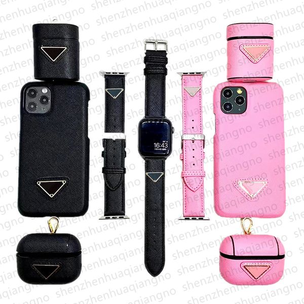 Ensemble de 3 étuis de téléphone de luxe haut de gamme pour iPhone 14 13 Pro max 11 14Pro protecteur d'écouteurs en cuir PU montre ultra bande AirPods couverture bracelet de montre 38 40 42 44MM 49mm costume