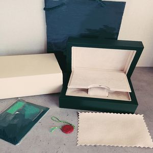 Cajas de lujo superiores Caja de reloj verde oscuro Estuche de madera de regalo para relojes Rolex Folleto Etiquetas de tarjetas y papeles en inglés Cajas de relojes suizas