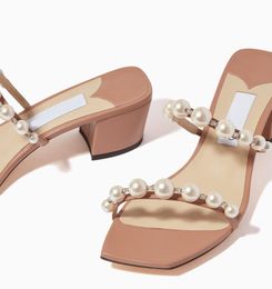 Top marque de luxe Amara femmes sandales chaussures perle cristal embellissement Strappy bloc talons sans lacet Mules dames décontracté robe de soirée tongs EU35-43