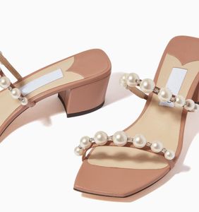 Top marque de luxe Amara femmes sandales chaussures perle cristal embellissement Strappy bloc talons sans lacet Mules dames décontracté robe de soirée tongs EU35-43