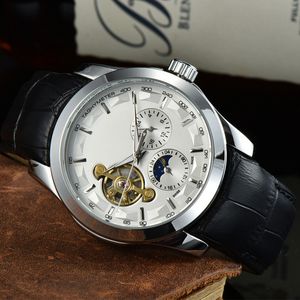 Top luxe merk heren automatisch mechanisch horloge zakelijke vrije tijd multifunctionele timing sun moon stars tourbillon lederen horloges