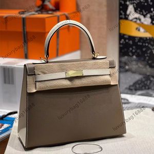 TOP Bolso cruzado de lujo Bolsos de mano Epsom Bolso de mano de diseñador totalmente hecho a mano Bolso de hombro 25 28 CM Obra de arte Cerradura de cuero genuino Señora 24K Bolsos de diseñador de oro real Tote