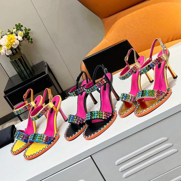 Sandalias de tacón de aguja decorativas de cristal de lujo superior Color satinado Diseñador de retazos Zapatos de boda para fiesta Zapatos de noche Zapatos de tacón alto de gran tamaño 35-43 Con caja original