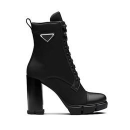 Top luxe designer mode enkel laarzen leer en nylon fabric booties dames monolith biker australië winter platform hoge hakken met doos