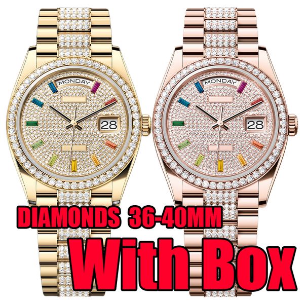 Top Luxury Diamonds Day Date para mujer Reloj para hombre Relojes de diseño Reloj de movimiento mecánico automático de alta calidad con caja Reloj luminoso de acero inoxidable de zafiro