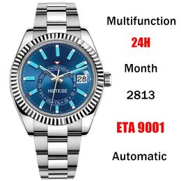 TOP Luxury Men Business Sapphire Watch 2813 ETA 9001 Calendrier mensuel multifonctionnel automatique 24H GMT Dual Time Zone Diving Wate229A