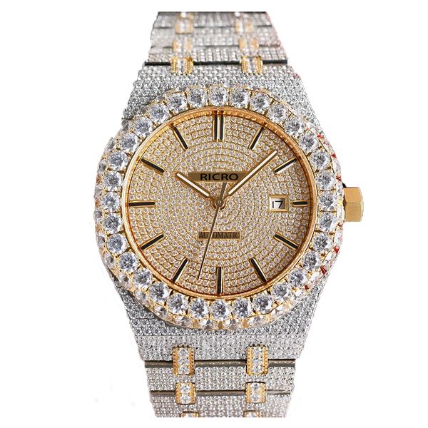 TOP Reloj de lujo para hombre Oro y plata Doble color Acero inoxidable Conjunto de diamantes Caja Movimiento mecánico automático Hebilla de lazo mm RICRO