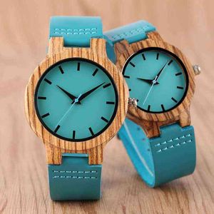 Top Luxe Royal Blue Wood Horloge Quartz Polshorloge 100% Natural Bamboo Clock Mode Lederen Valentijnsdag Beste geschenken 2020