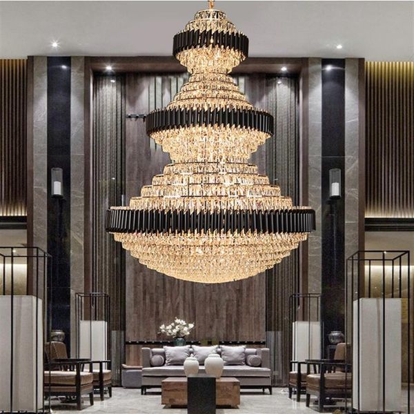 Top luxe Escalier Lustre Éclairage Grande Maison Décoration Cristal Lampes Moderne Noir Luminaires Lobby el LED Lumières LL202o