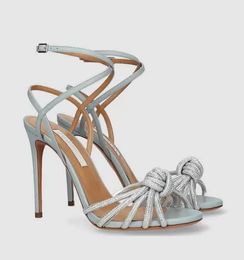 Top Luxury Summer Femmes Celeste Sandales Chaussures Aquazzuras Crystal-embellies Toe Sangles Nouées Lady Talons Hauts EU35-43 Boîte d'origine