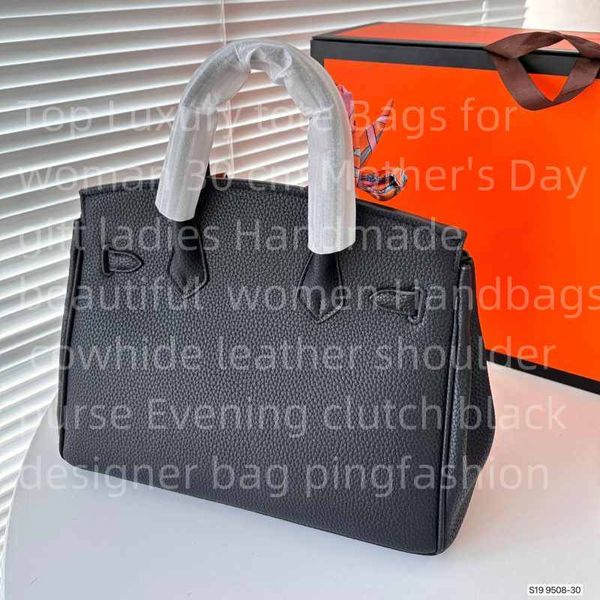 Top Luxury Tote bolsas para mujer 30 cm Día de la madre Regalas Damas hechas a mano Mujeres hermosos bolsos de cuero de cuero de cuero bolso de hombro de la noche Bolsa de diseño negro