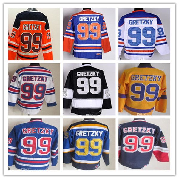 Top Man 99 Wayne Gretzky Maillot de hockey vintage Noir Blanc Bleu Marine Jaune Violet Orange Broderie alternative Uniformes respirants