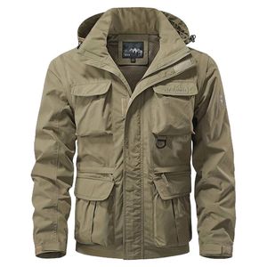 Top Men Autumn Multi-Pocket Military Tech Wear Soft Shell Jacket Outdoor Hooded Utility Detachable Mouwen Travel Vest Outerwear 240416
