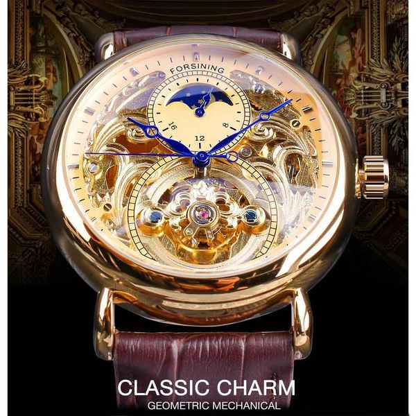 Reloj superior para hombre, Forsining, esqueleto dorado, pantalla, manos azules, cinturón de cuero genuino marrón, relojes de pulsera mecánicos para hombre, reloj masculino