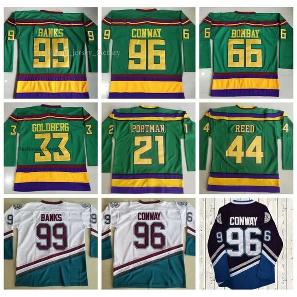 Top película Mighty Green Ducks Hockey Jerseys 96 Charlie Conway 99 Adam Banks 66 Gordon Bombay 44 Fulton Reed 33 Greg Goldberg 21 Dean Portman 9830