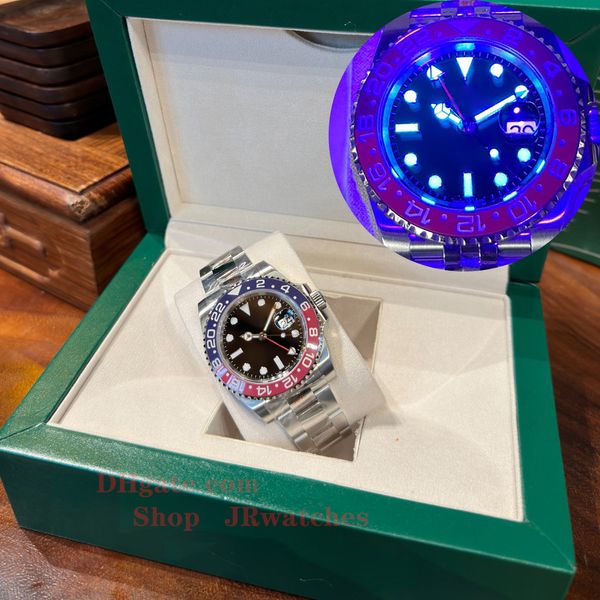 Top N + Luxury Men s Sports Reloj automático Dual Time Zone 3186 Automático Mecánico Cerámica Zafiro Buceo Impermeable 904L Reloj 40 mm Anillo verde azul