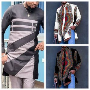 Top alleen Afrikaanse kledingstijl Print kleur Matching mode casual lange mouwen ronde nek heren lang shirt 240511