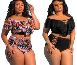 Top Plus Big Sport Bikini Sets Hoge getailleerde Print Fat Bikini Eén Schouder Multi Touw Badmode Grote Multi Color Panel Sexy Flexibel Stylish