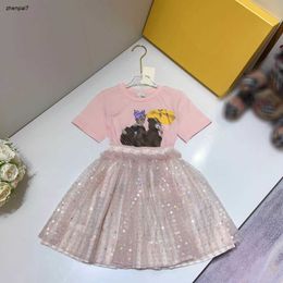 Top Princess Dress Baby Design Designer Kids Tracksuits Maat 100-130 cm Girls T-shirt en glanzende kanten korte rok 24mar