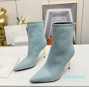 Top Qualit Color Jeans Denim Ankle Zip Boots pointu Point Stietto Talons en cuir imprimé Sole des femmes de luxe Chaussures Chelsea Shoes Factory Footwear