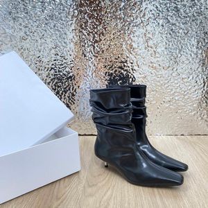 Top Qualit Cowskin enkel knie laarzen slip-on hakken vierkante teen gestapelde laarzen lage hakken lederen zool voor vrouwen luxe ontwerper westerse kleding schoenen fabrieksschoenen schoenen