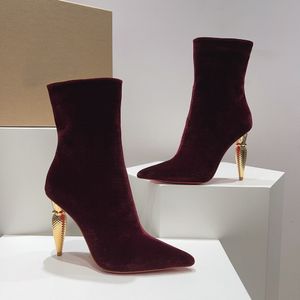 Bottines en velours de qualité supérieure Talon en métal Bottes zippées à talons hauts Chaussures de soirée à bout pointu Chaussures de fête de luxe pour femmes Chaussures d'usine