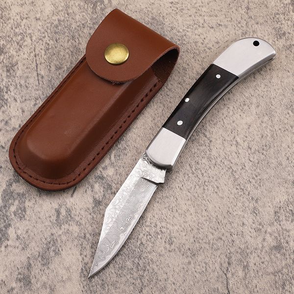 Cuchillo de hoja plegable de 110 bolsillos de alta calidad Hoja de acero de Damasco Palisandro con mango de hoja de acero Acampar al aire libre Senderismo Pesca Herramientas EDC con funda de cuero