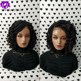 Top Qualité 1b Micro Tressage avec Bouclés Conseils Synthétique Avant de Lacet Perruques Courtes Tressées Perruque Résistant À La Chaleur Cheveux pour Femme Noire