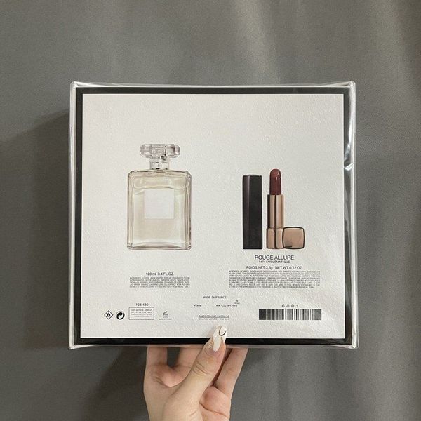 Set regalo per il trucco 2 in 1 di alta qualità coppie NO 5 L eau profumo vaporisateur 100ml edt rouge allure luminoso intenso 147 # kit per il trucco da 3,5 g con mal di labbra con scatola per la consegna veloce